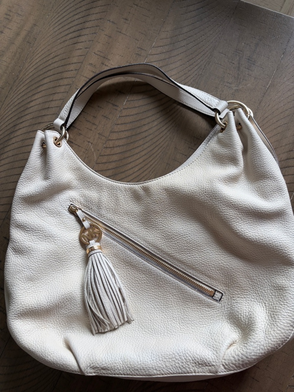 Michael Kors Cream Pebbled Leather Shoulder Hobo with Tassel Charm
